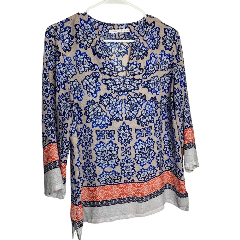 VIOLET & CLAIRE Floral Boho v-neck 3/4 sleeve Tunic Blue coral top Size Medium